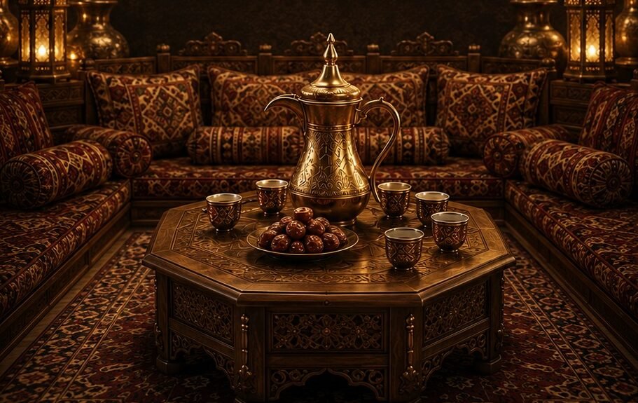 Majlis seating with Arabic coffee and dates at Mandi Al Diwan